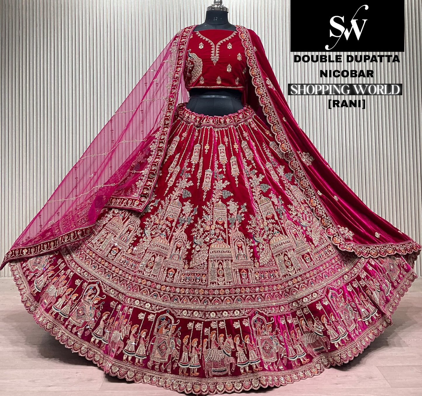Rani Pink Double Dupatta Peacock Bridal Lehenga