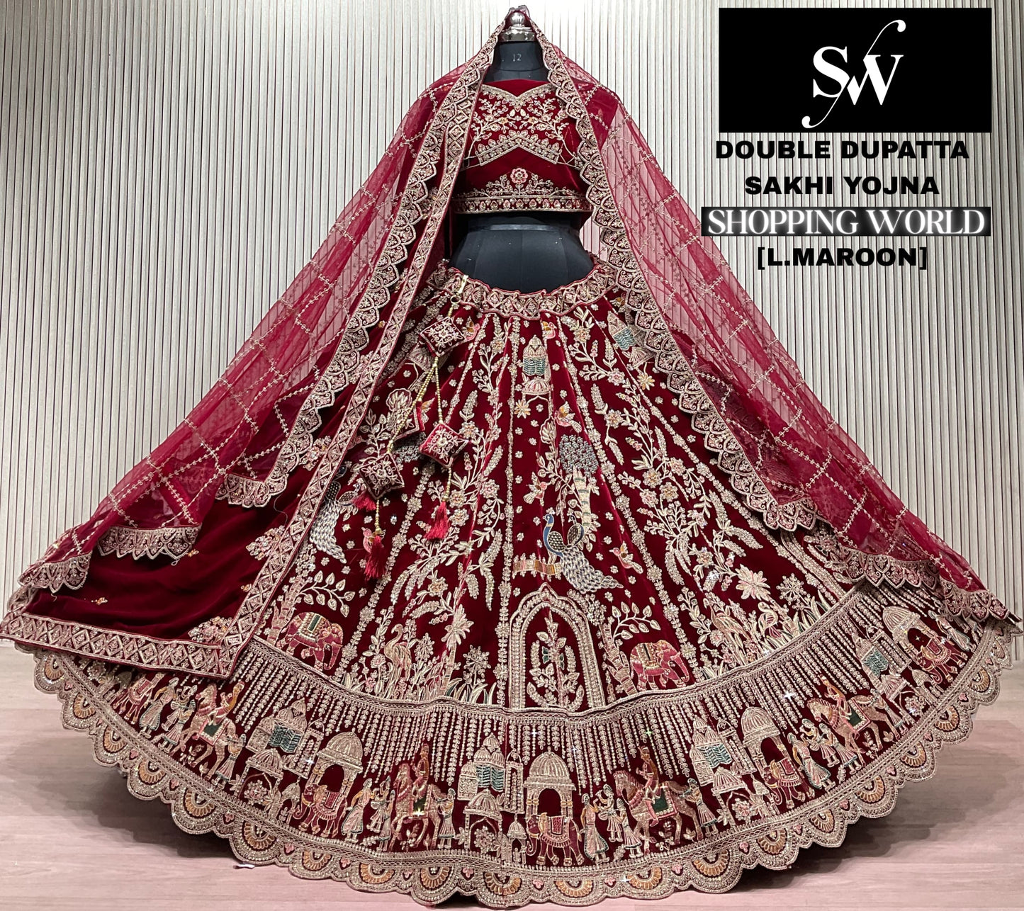 Rani pink Peacock Double Dupatta Bridal Lehenga