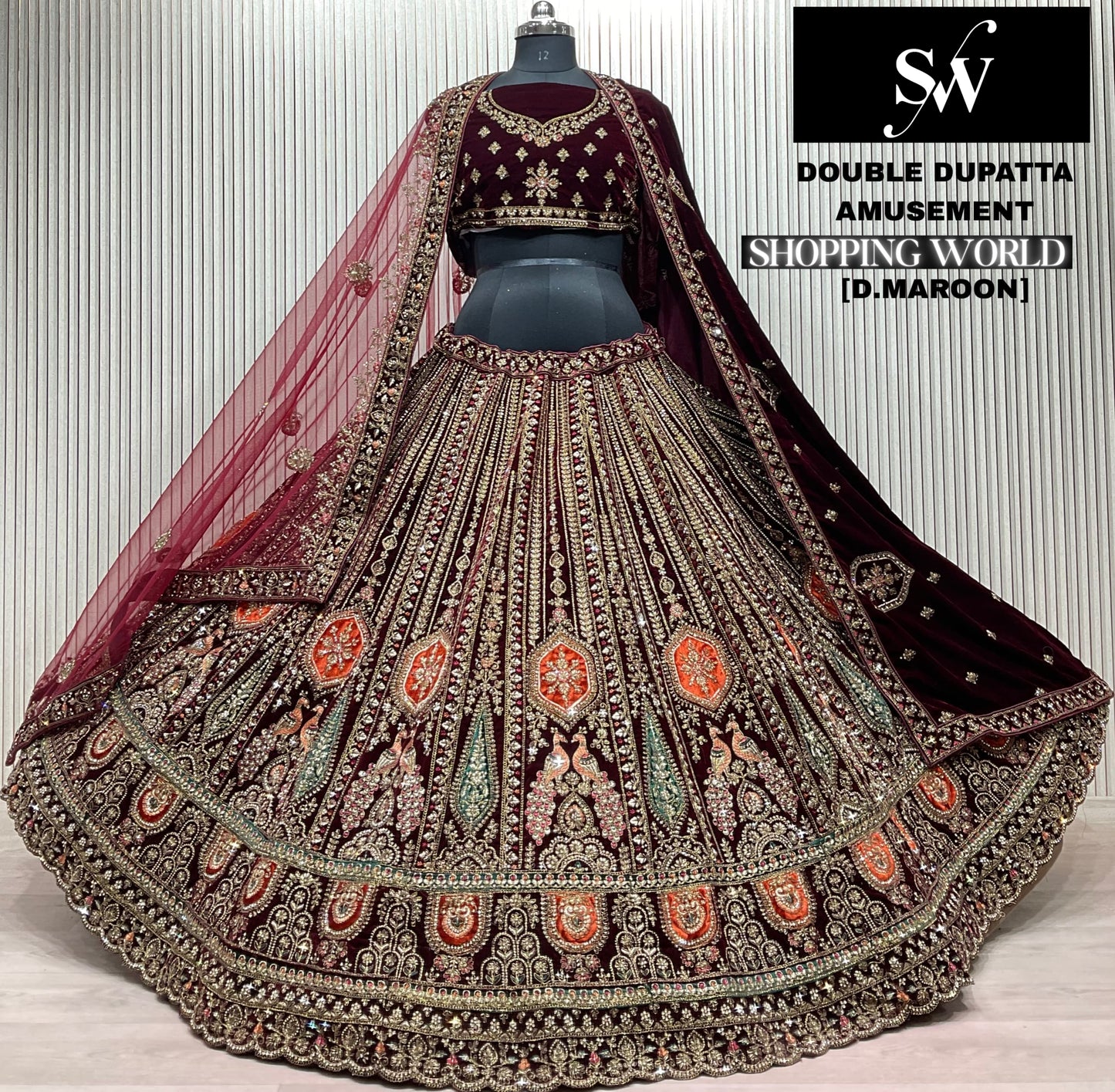 Dark Maroon Double Dupatta Peacock Bridal Lehenga
