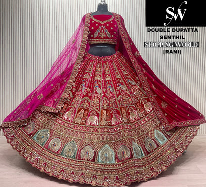 Light Maroon Double Dupatta Peacock Bridal Lehenga