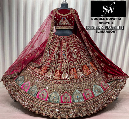 Light Maroon Double Dupatta Peacock Bridal Lehenga