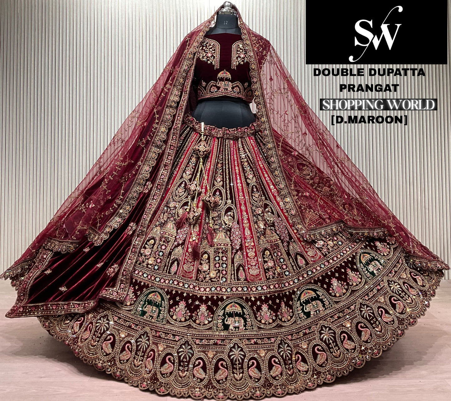 Rani Pink Double Dupatta Peacock Bridal Lehenga