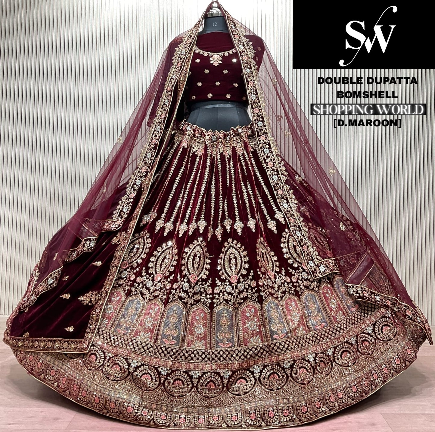 Dark Maroon Double Dupatta Bridal Lehenga