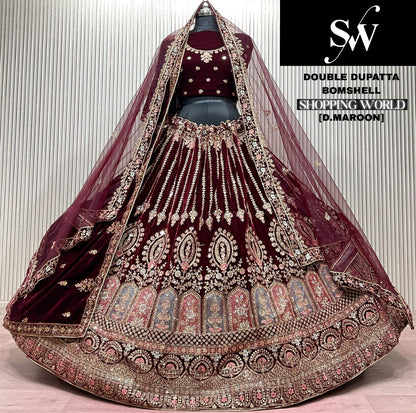 Dark Maroon Double Dupatta Bridal Lehenga