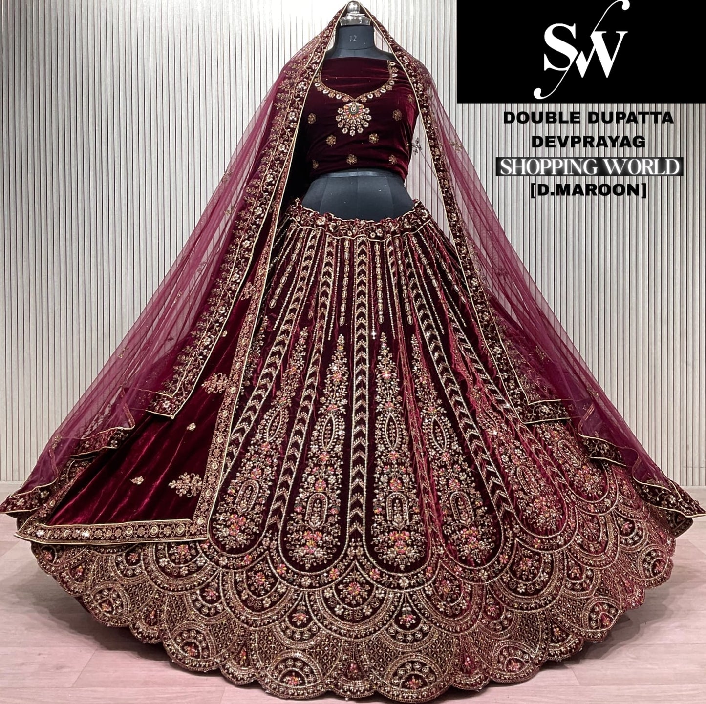 Dark Maroon Double Dupatta Bridal Lehenga