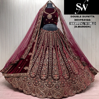Dark Maroon Double Dupatta Bridal Lehenga