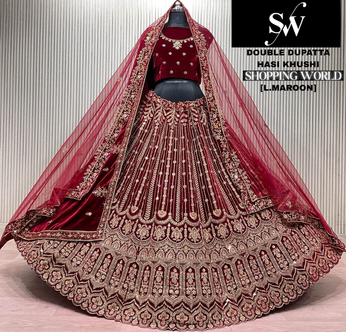 Light Maroon Double Dupatta Bridal Lehenga