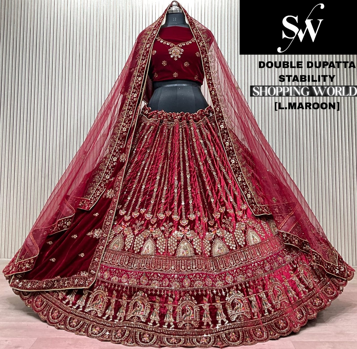Dark Maroon Doli Barat Double Dupatta Bridal Lehenga