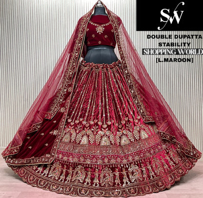 Dark Maroon Doli Barat Double Dupatta Bridal Lehenga