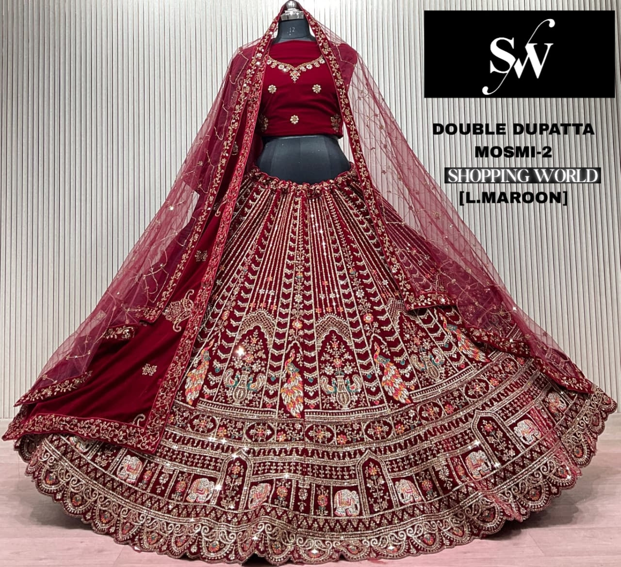 Light Maroon Double Dupatta Bridal Lehenga