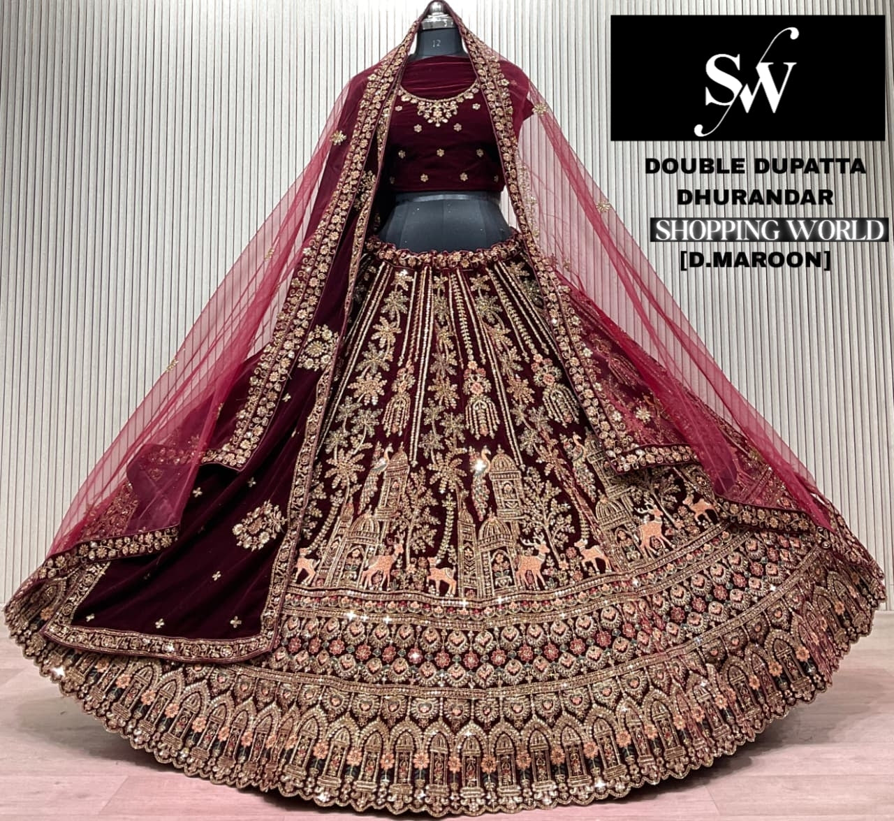 Light Maroon Double Dupatta Bridal Lehenga