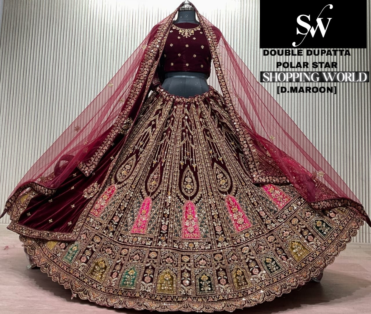 Dark Maroon Double Dupatta Bridal Lehenga