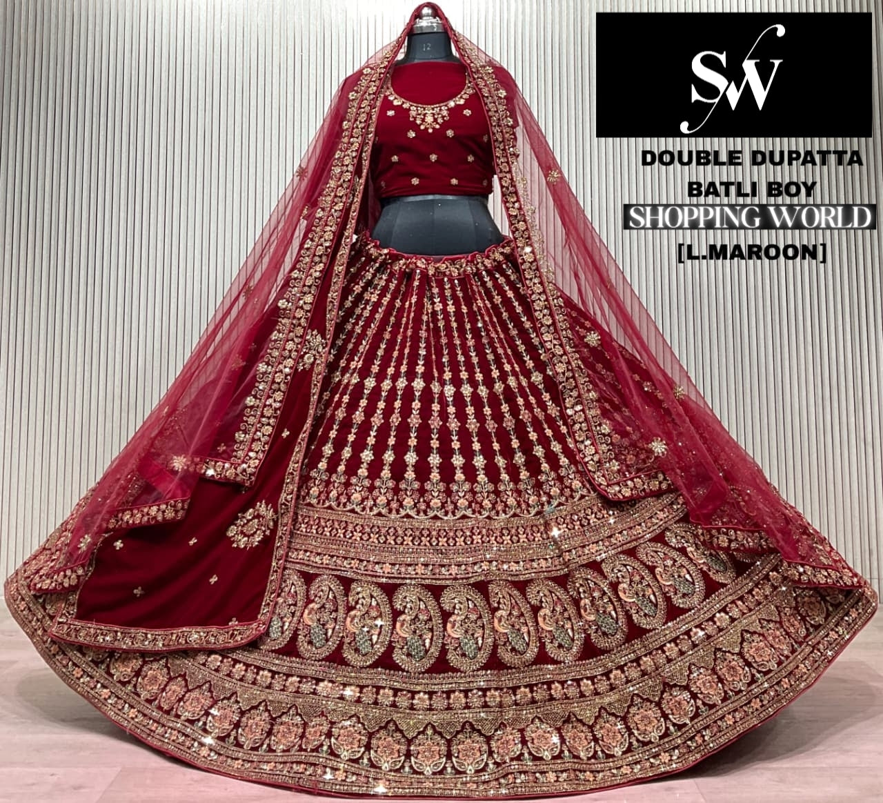 Dark Maroon Double Dupatta Bridal Lehenga
