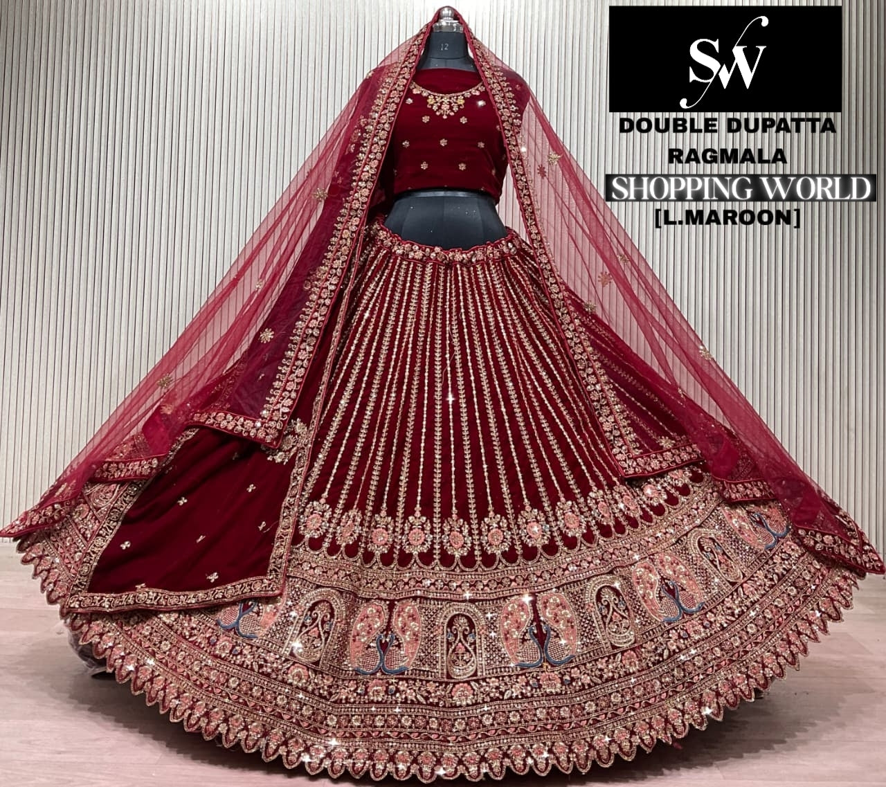 Light Maroon Double Dupatta Bridal Lehenga