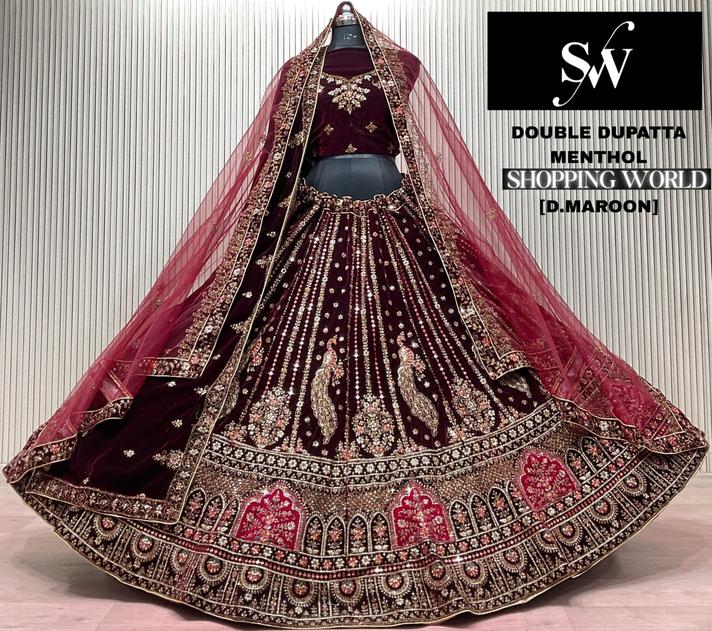 Dark Maroon Double Dupatta Bridal Lehenga