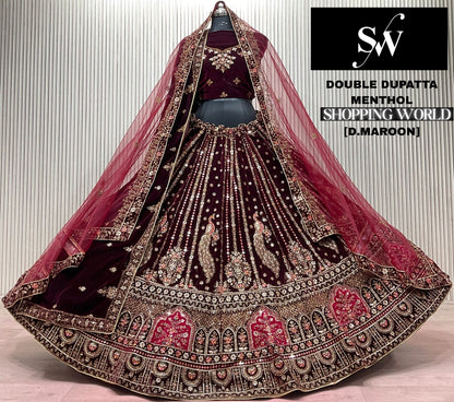 Dark Maroon Double Dupatta Bridal Lehenga