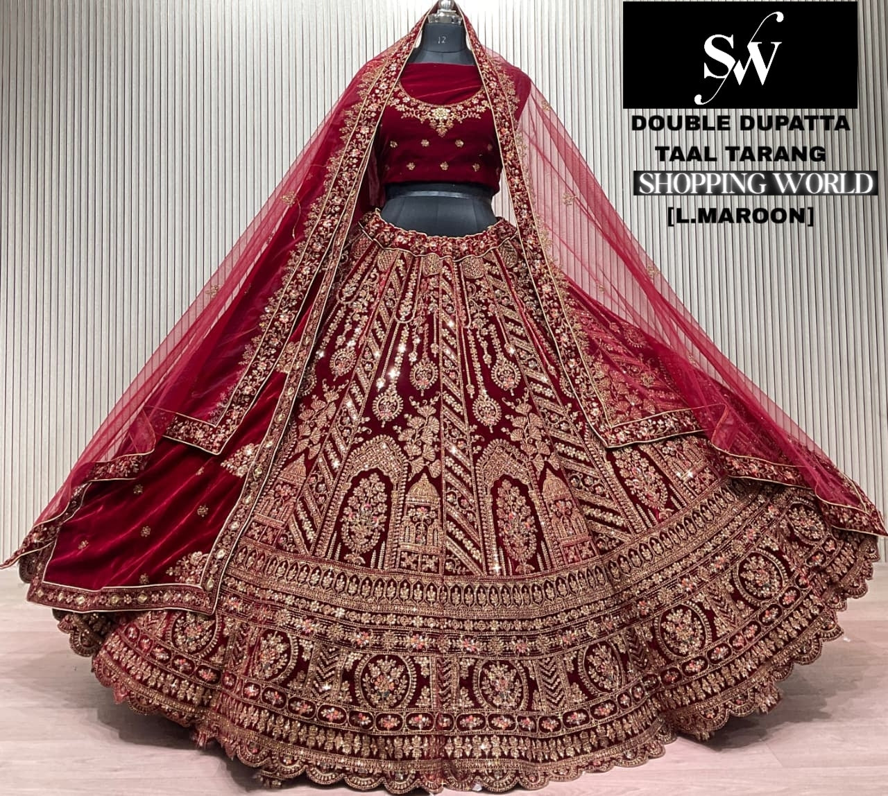 Light Maroon Double Dupatta Bridal Lehenga