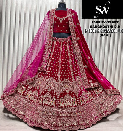 Light Maroon Velvet Bridal Lehenga