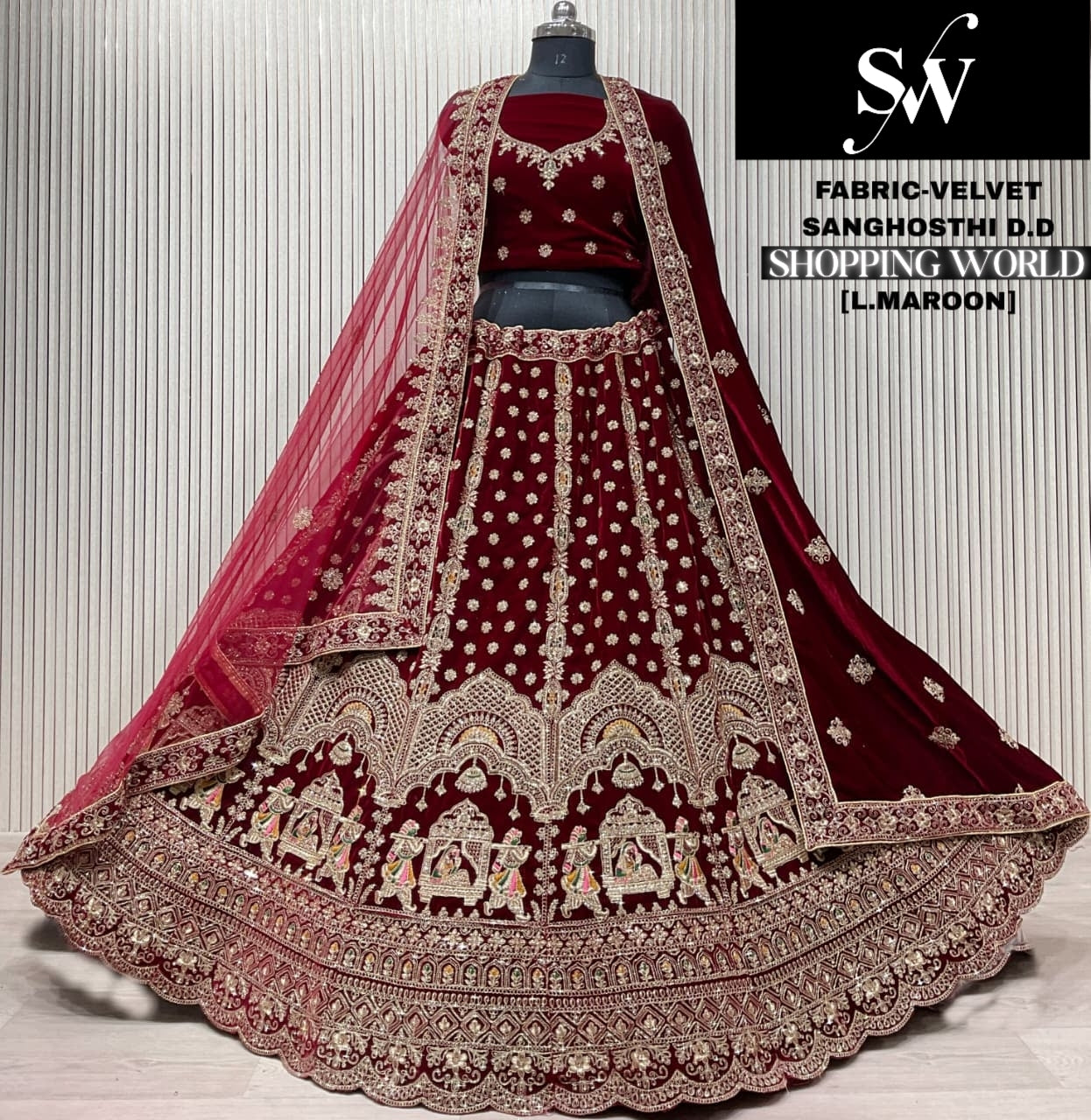 Light Maroon Velvet Bridal Lehenga