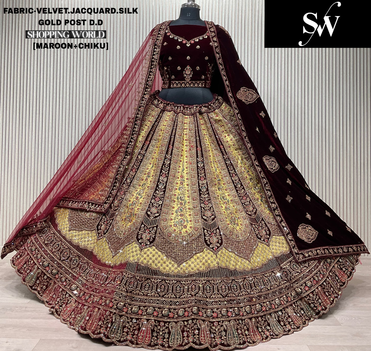 Golden Maroon Velvet Jacquard Silk Bridal Lehenga