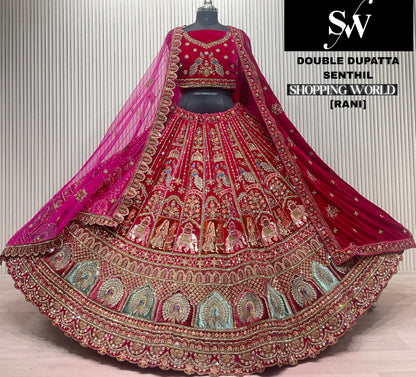Light Maroon Double Dupatta Peacock Bridal Lehenga