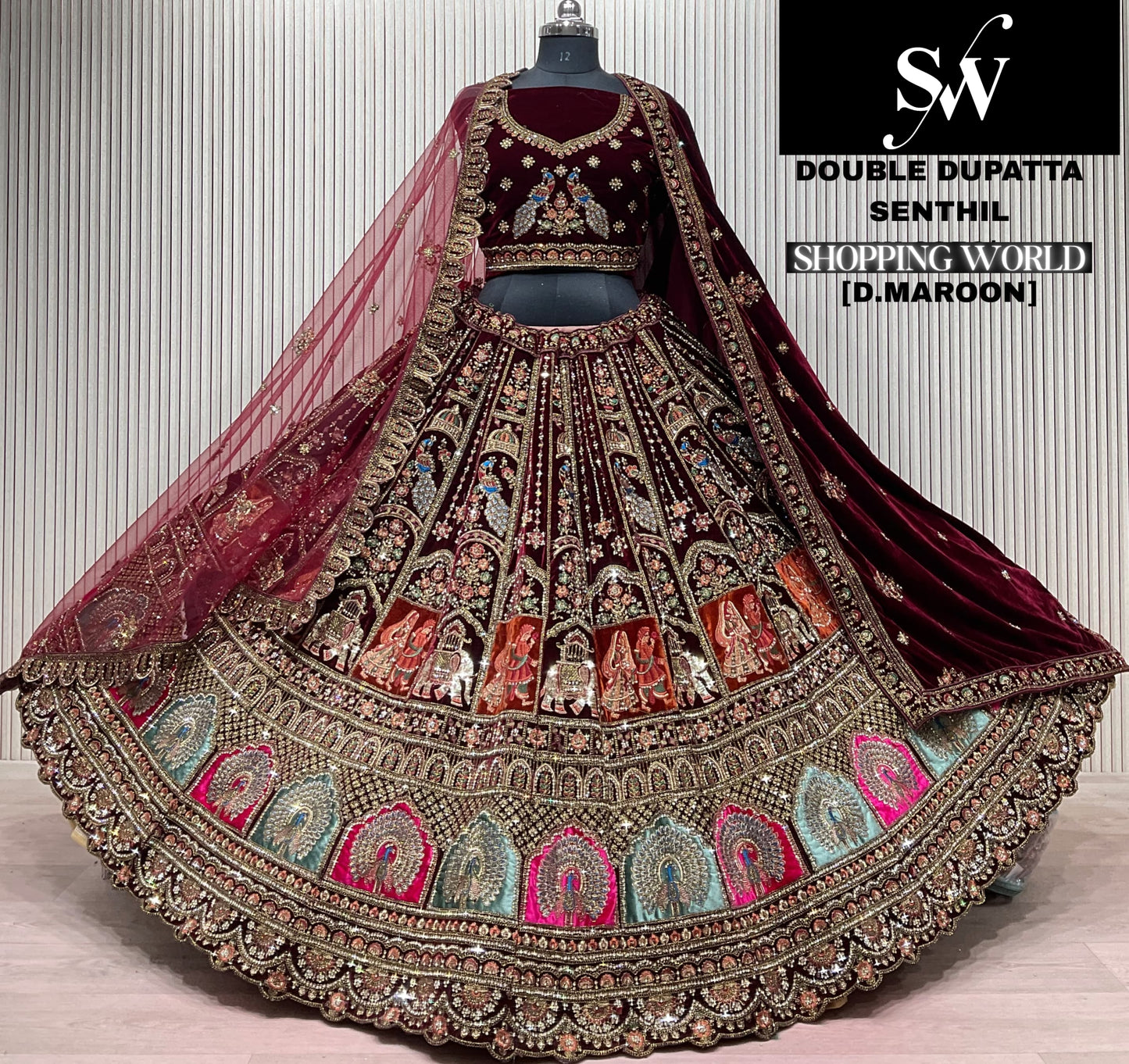 Light Maroon Double Dupatta Peacock Bridal Lehenga