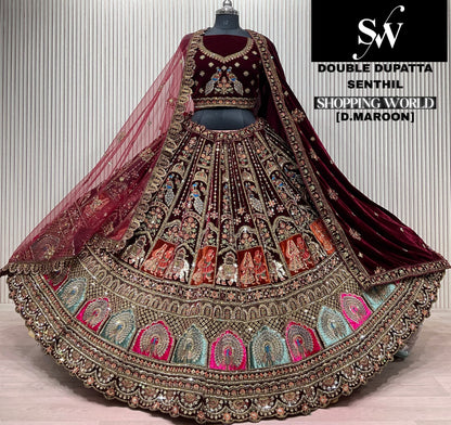 Light Maroon Double Dupatta Peacock Bridal Lehenga