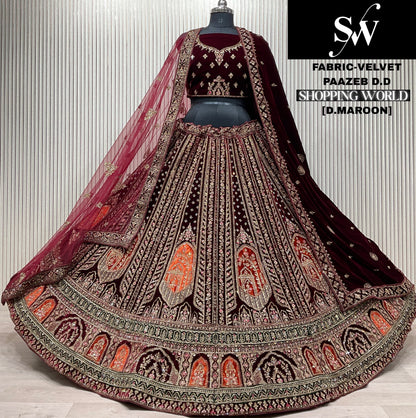 Dark Maroon Velvet Bridal Lehenga