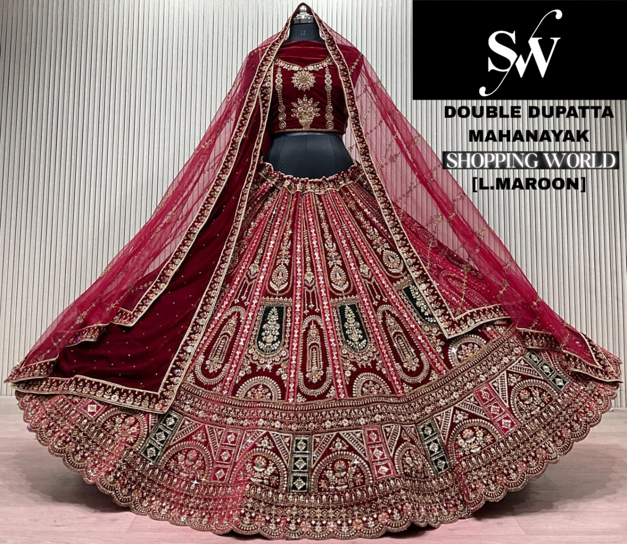 Light Maroon Double Dupatta Bridal Lehenga