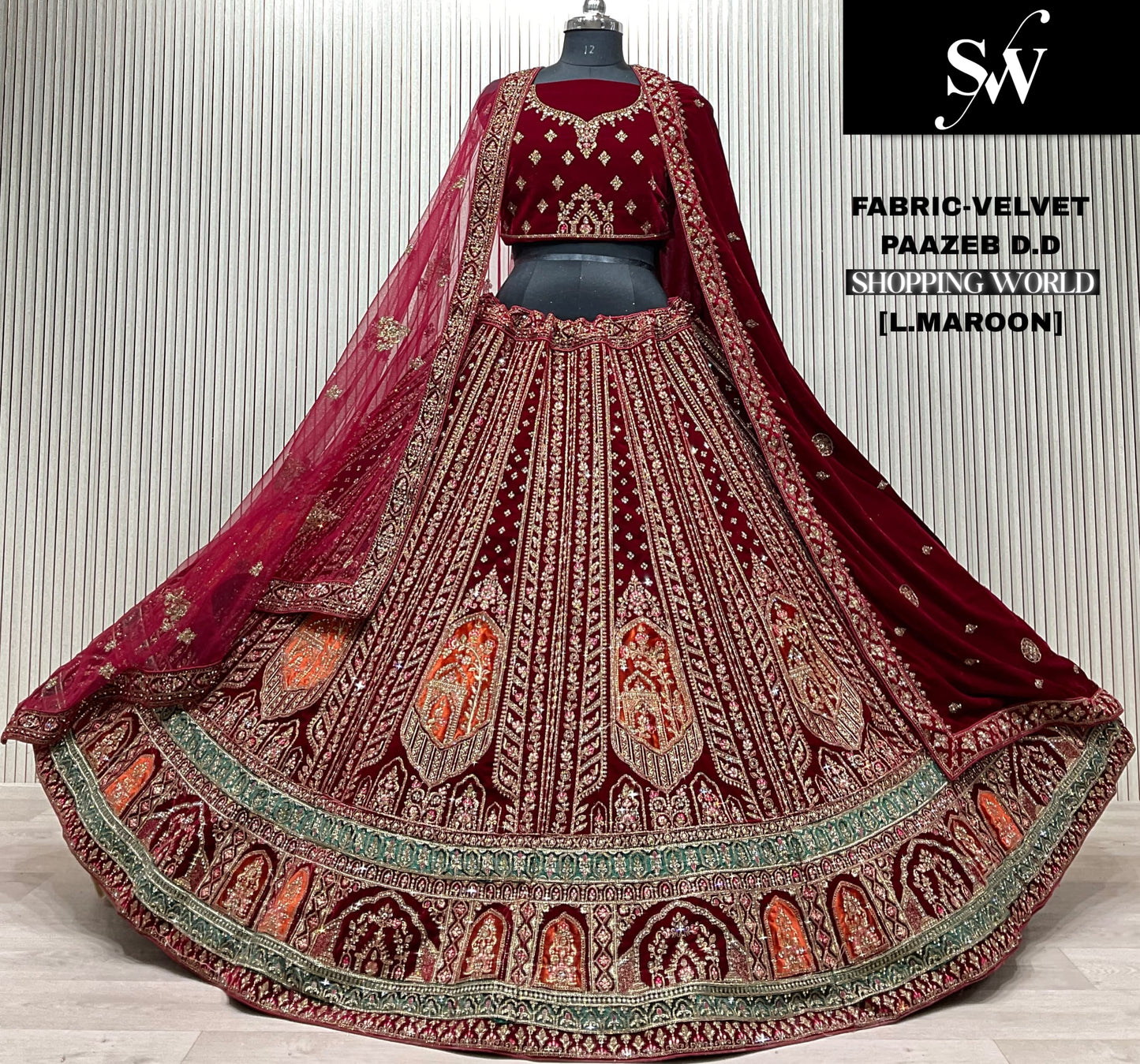 Dark Maroon Velvet Bridal Lehenga