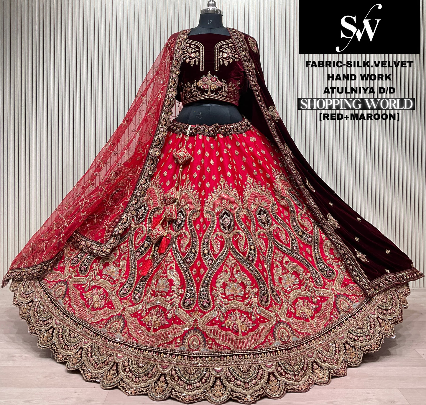 Maroon White Silk Bridal Lehenga