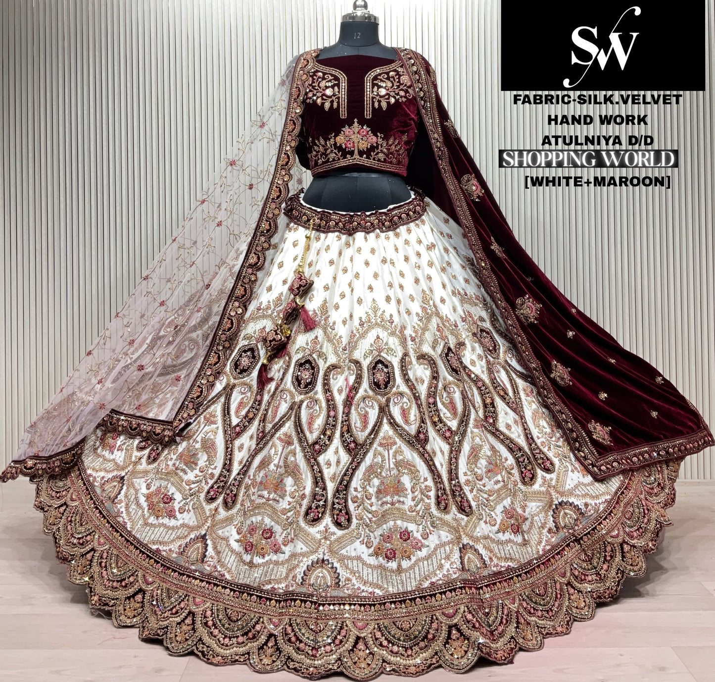 Maroon White Silk Bridal Lehenga