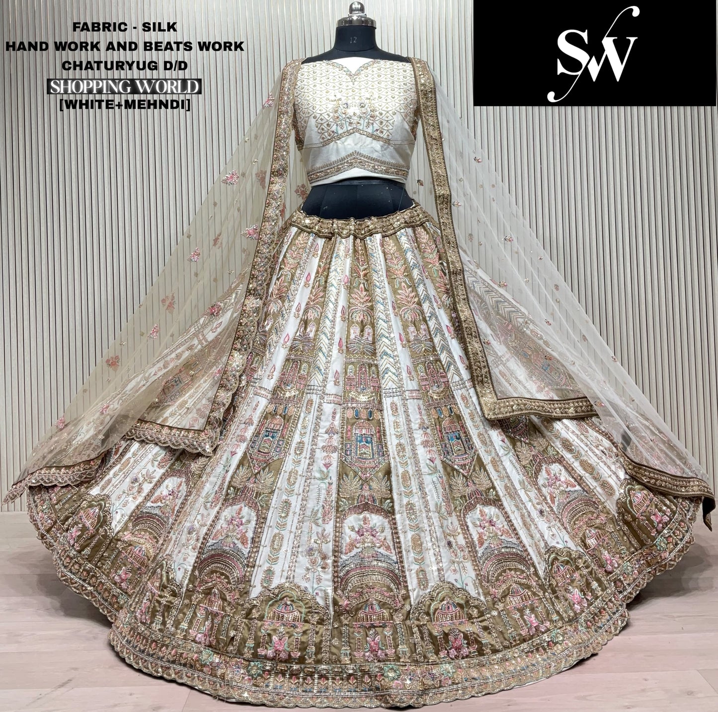 Mehendi Green White Silk Bridal Lehenga