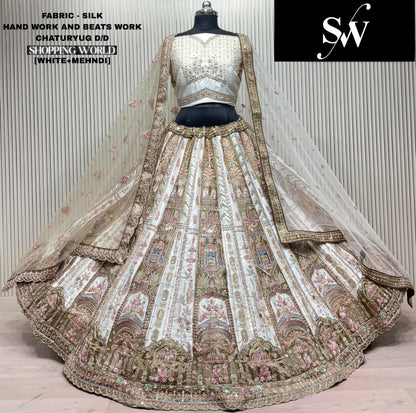 Mehendi Green White Silk Bridal Lehenga