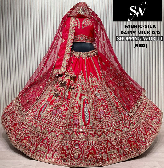 Red Silk Peacock Bridal Lehenga