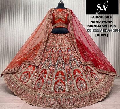 Rust Orange Silk Peacock Lehenga
