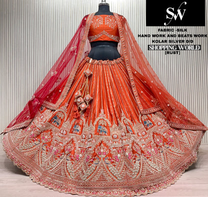 Rust orange Silk Peacock Lehenga