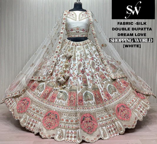 White Silk Double Dupatta Peacock Bridal Lehenga
