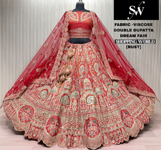 Rust Orange Viscose Double Dupatta Bridal Lehenga