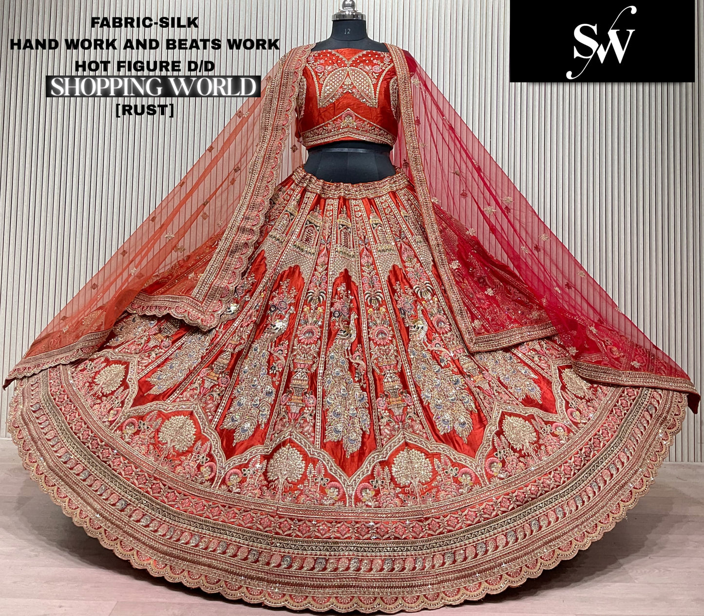 Rust Orange Peacock Silk Bridal Lehenga