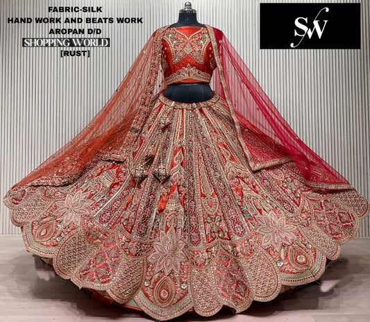 Rust Orange Silk Bridal Lehenga