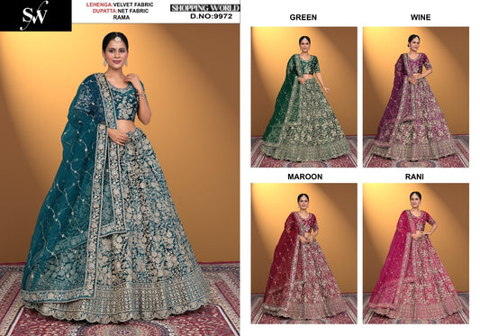 Rama Green Wine Green Maroon Rani Pink Velvet Bridal Lehenga