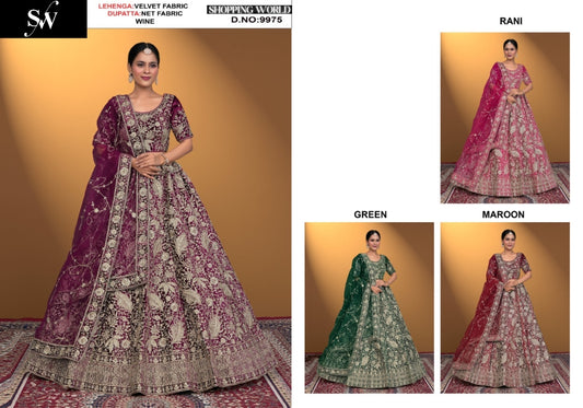 Wine Green Maroon Rani Pink Velvet Bridal Lehenga