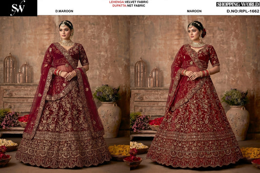 Maroon Dark Maroon Velvet Bridal Lehenga