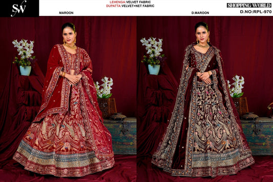 Maroon Dark Maroon Velvet Bridal Lehenga