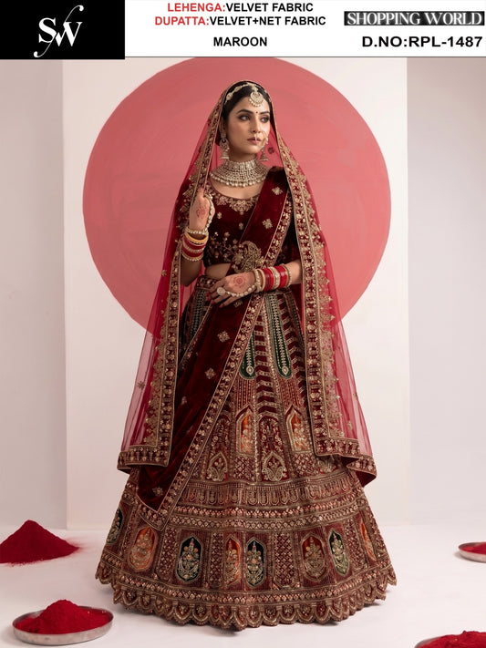 Dark Maroon Velvet Bridal Lehenga (Copy)