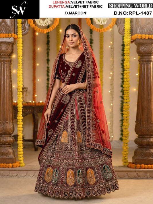 Dark Maroon Velvet Bridal Lehenga