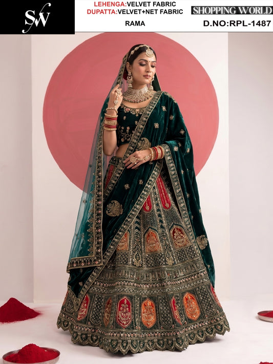 Rama Green Velvet Bridal Lehenga