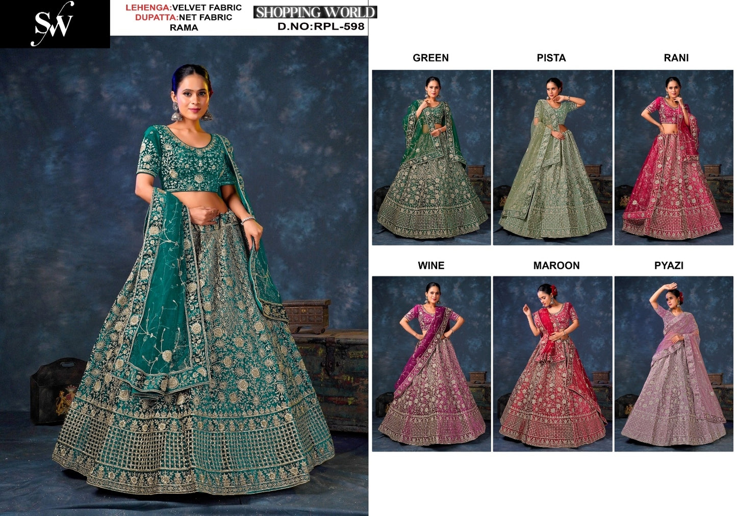 Rama Green Pista Green Rani Pink Wine Maroon Pink Velvet Lehenga