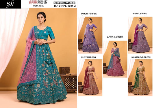 Rama Green Jamuni Purple Purple Dark Pink Rust Orange Mustard Twill Net Lehenga